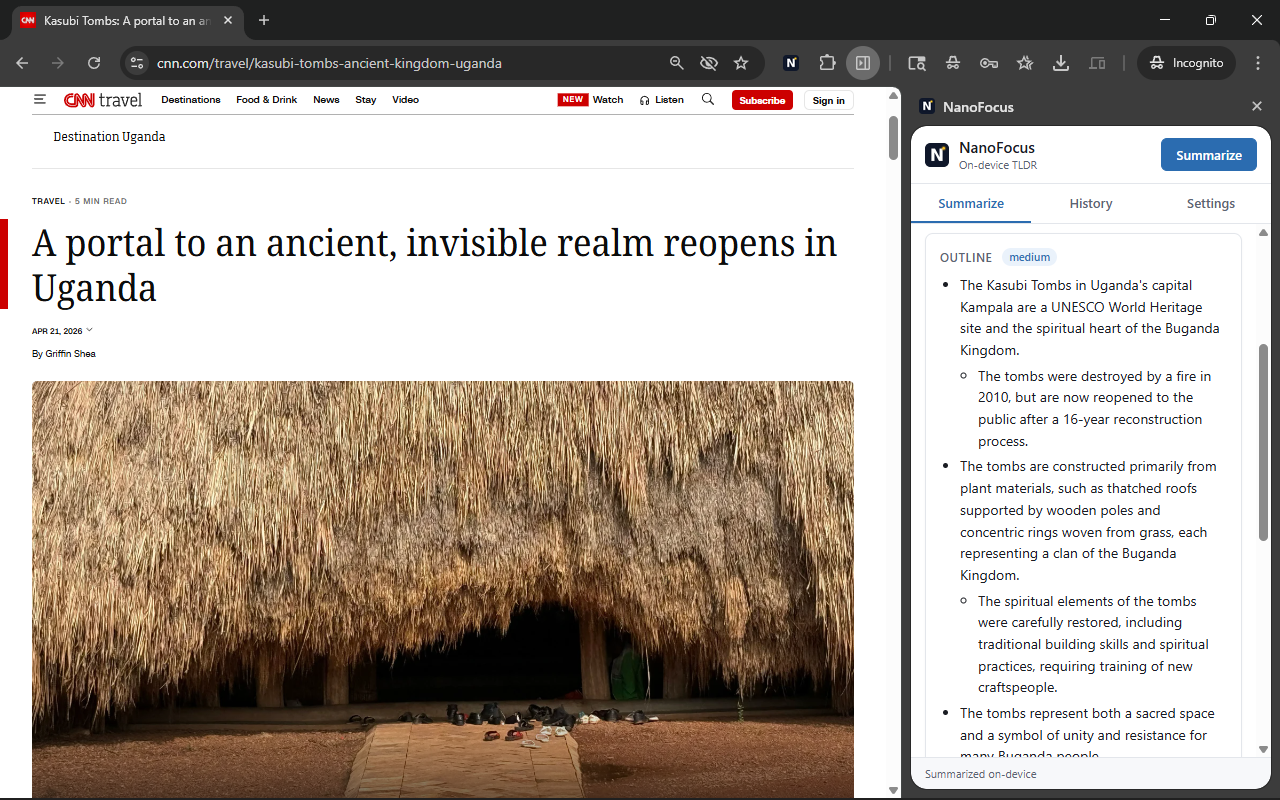 NanoFocus side panel running Outline mode at medium length on a CNN travel article about the Kasubi Tombs in Uganda. The output shows nested bullet hierarchy with main points and indented sub-bullets explaining each.